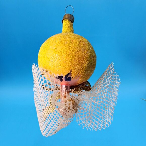 Vintage Pink Glass Angel Ornament Japan 1960s Yellow Glitter Hair Gold Bow v1 - Picture 5 of 10